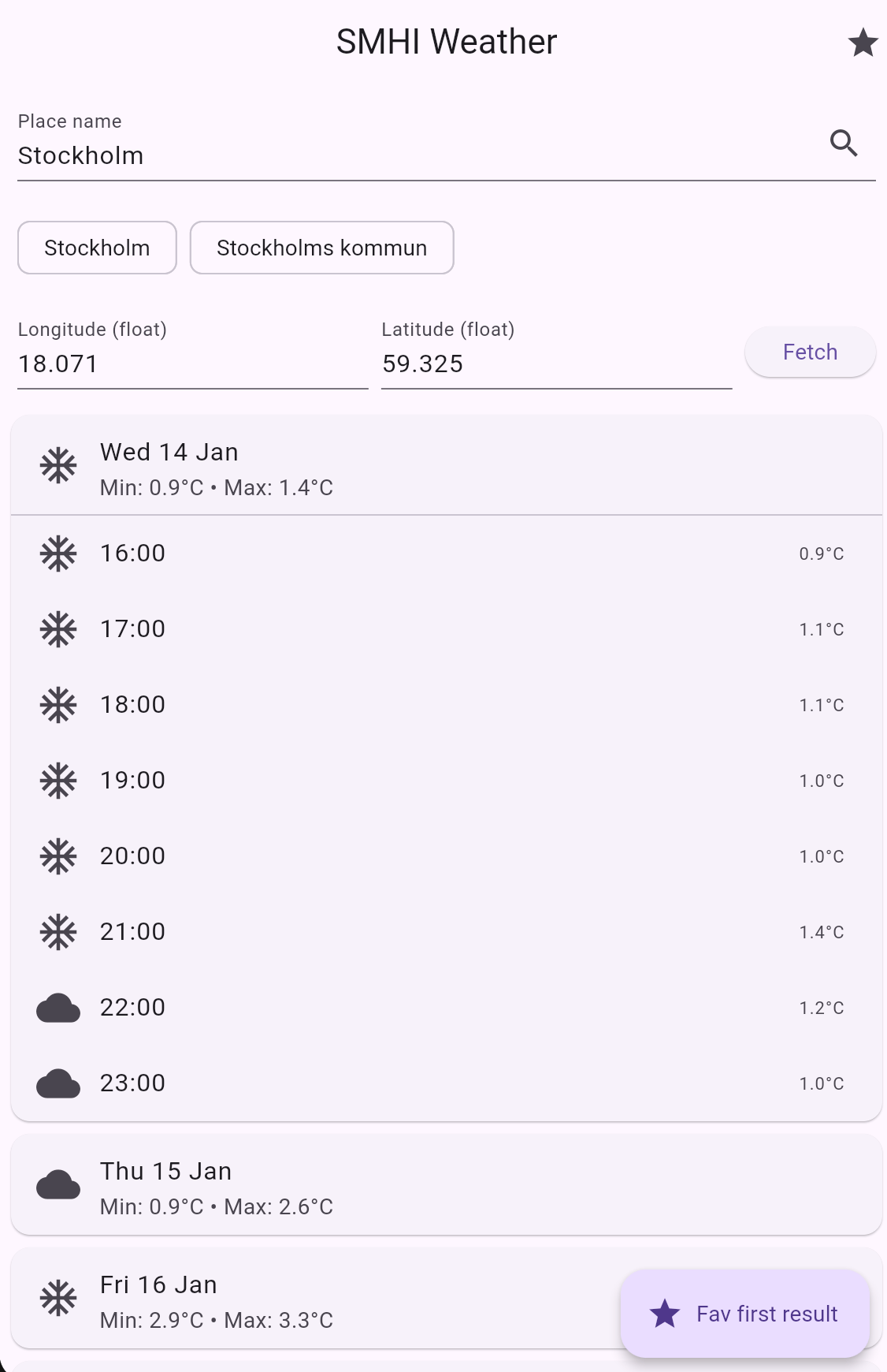 SMHI Weather App Screenshot 1